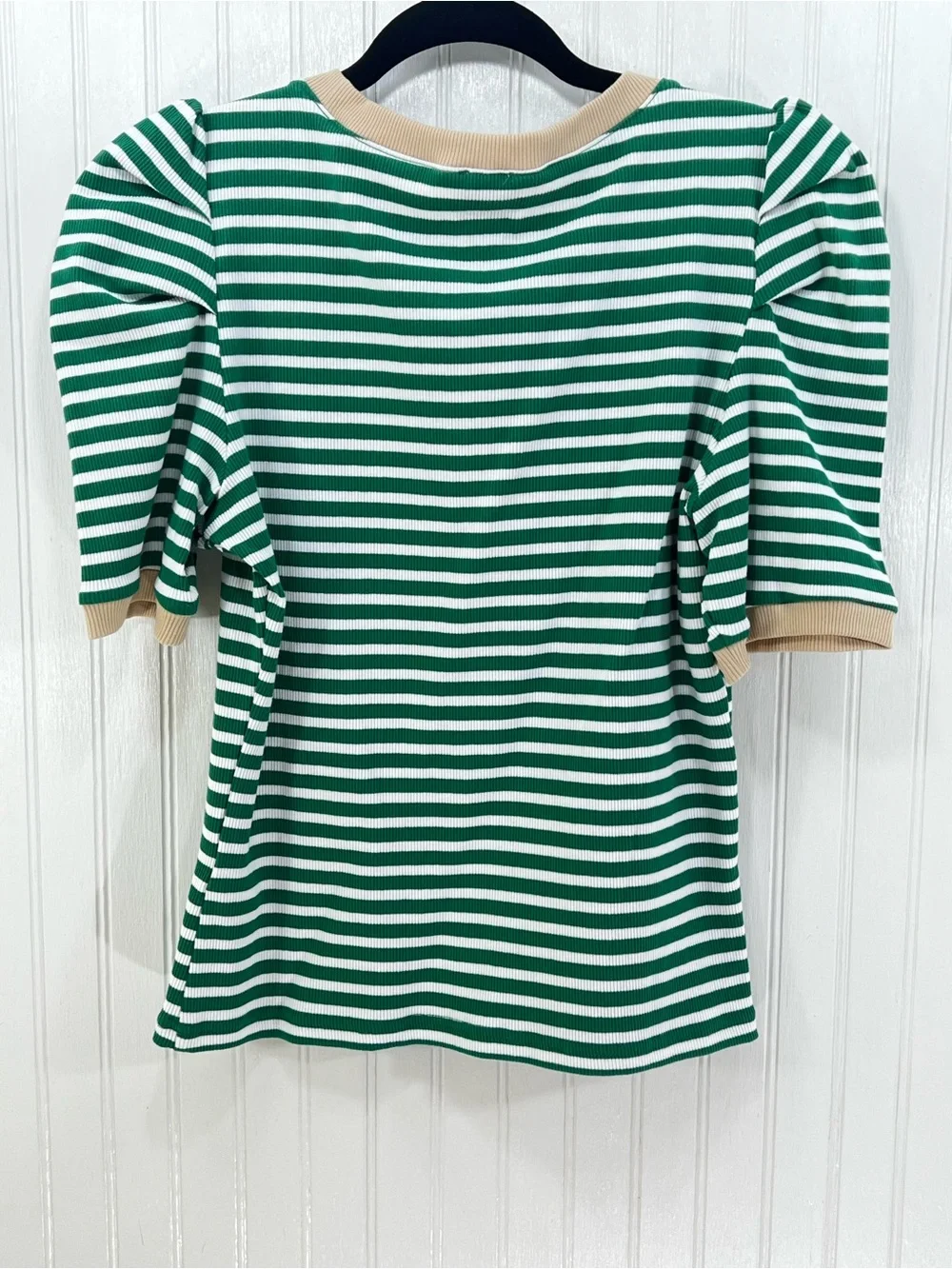 NWT Maeve Anthropologie Green Stripe Puff Sleeve Rib Knit Top M - Picture 2 of 12